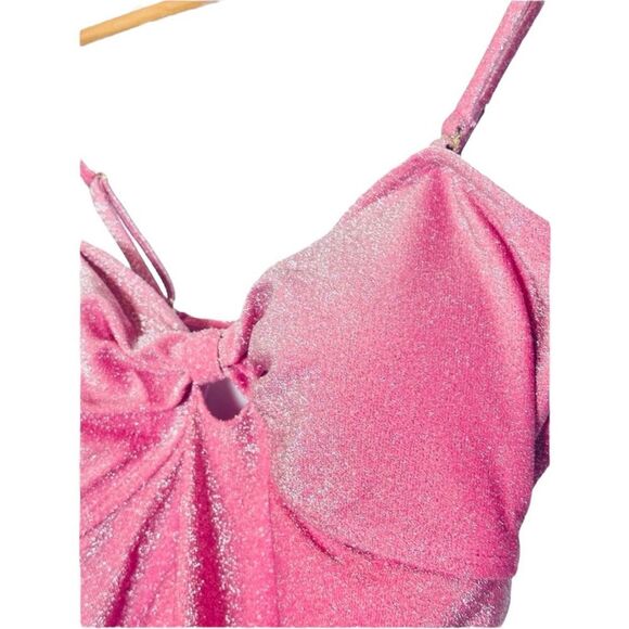 Betsey Johnson Barbie Pink Metallic Glitter Sweetheart Bow Keyhole Swimsuit - Picture 10 of 12